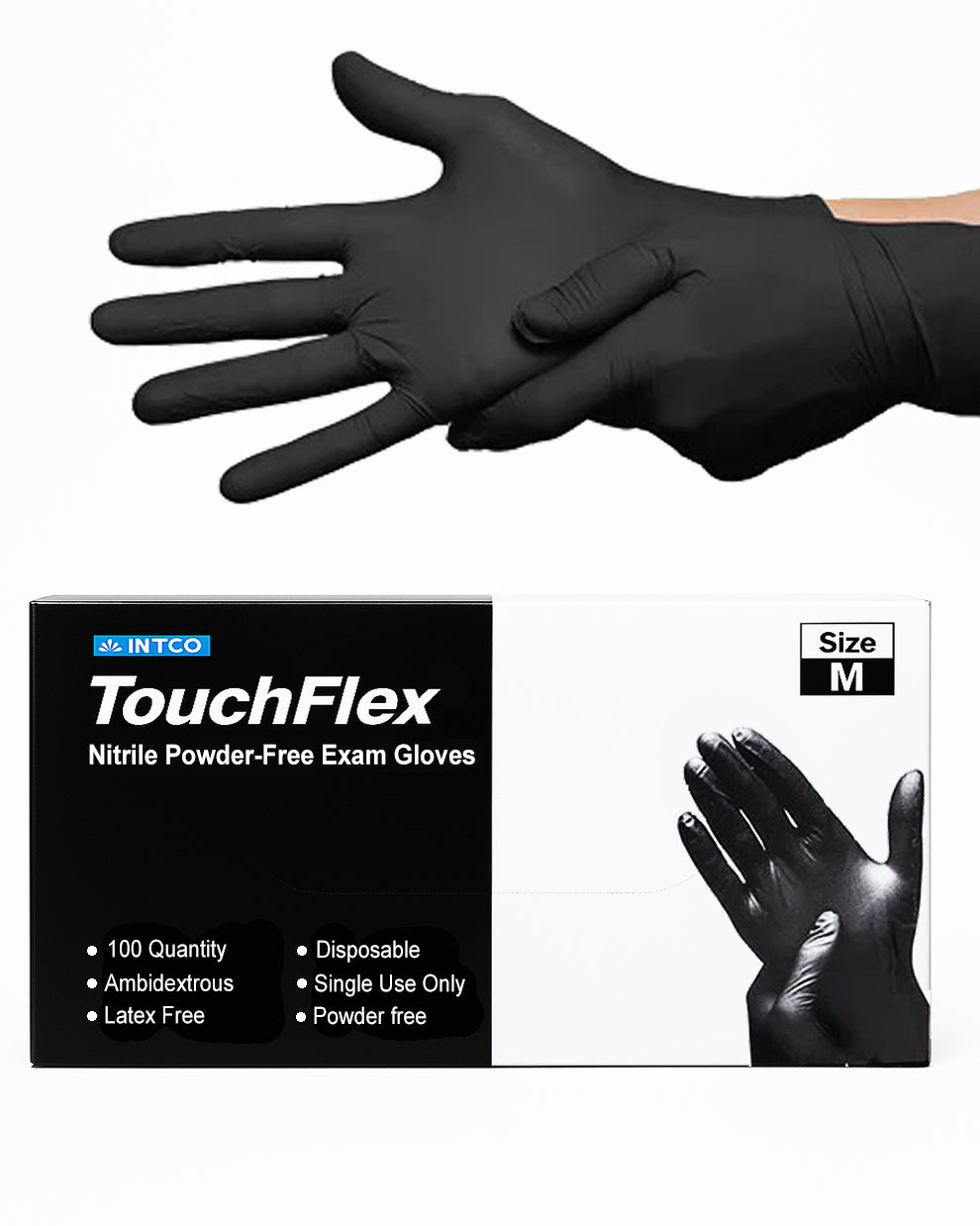Black TouchFlex Nitrile Powder-Free Exam Gloves – Size M, latex-free, single-use gloves ideal for tattoo studios and hygienic applications.