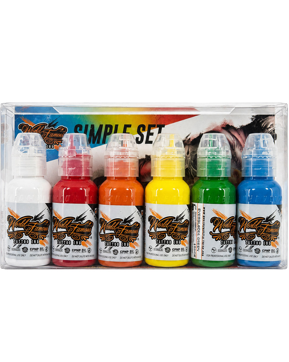 World Famous 6 Color Simple Tattoo Ink Set 6 bottles 1oz 29.57ml each in boxed packaging with essential colors for bold tattoo work COZ Tattoo Supplies
