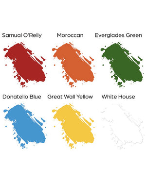 World Famous 6 Color Simple Tattoo Ink Set color swatches featuring Samuel O'Reilly Moroccan Everglades Green Donatello Blue Great Wall Yellow and White House COZ Tattoo Supplies