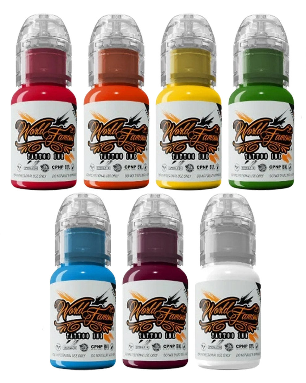 World Famous 7 Color Simple Tattoo Ink Set bottles only with Samuel O'Reilly Moroccan Great Wall Yellow Everglades Green Donatello Blue Liberachi Red and White House tattoo ink colors COZ Tattoo Supplies