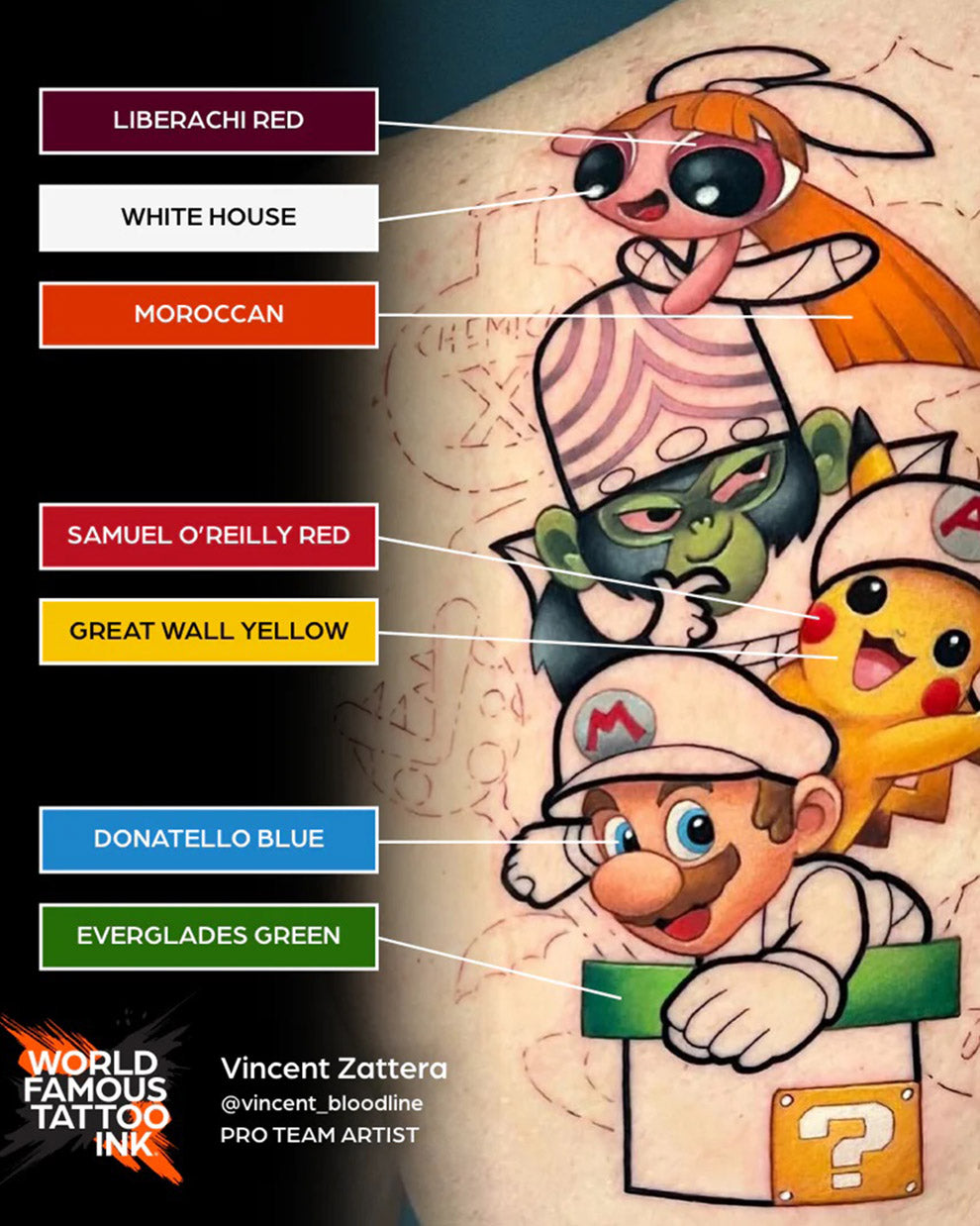 World Famous 7 Color Simple Tattoo Ink Set color chart showing Samuel O'Reilly Red Moroccan Great Wall Yellow Everglades Green Donatello Blue Liberachi Red and White House used in a colorful tattoo design COZ Tattoo Supplies
