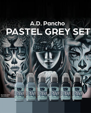 World Famous A.D. Pancho Pastel Greys Tattoo Ink Set 6 bottles with full product lineup and pastel grey swatches for smooth black and grey tattoo shading COZ Tattoo Supplies