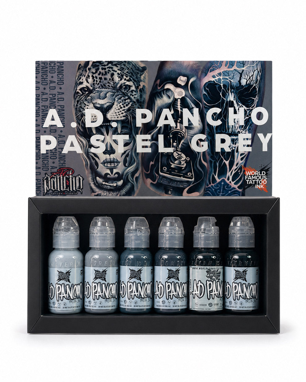 World Famous A.D. Pancho Pastel Greys Tattoo Ink Set 6 bottles professional pastel grey tattoo ink set for smooth shading soft transitions and black and grey tattoo work COZ Tattoo Supplies