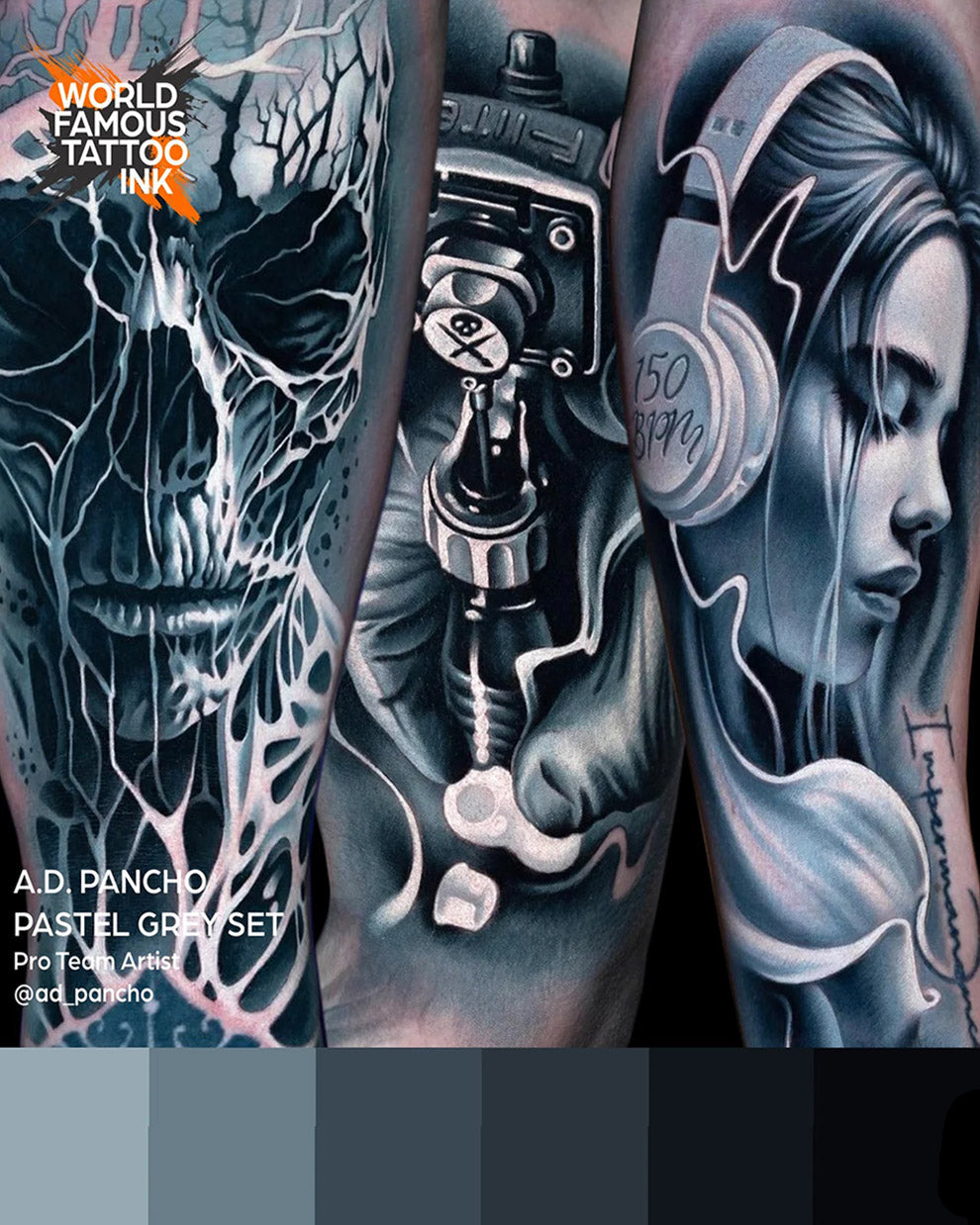 World Famous A.D. Pancho Pastel Greys Tattoo Ink Set black and grey tattoo collage featuring skull tattoo machine and woman with headphones with pastel grey swatches COZ Tattoo Supplies