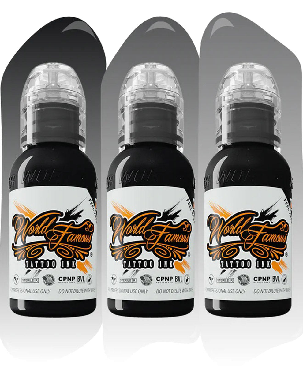 World Famous Greywash Tattoo Ink 3 Bottle Set featuring dark midtone and charcoal greywash inks professional set for smooth shading gradients and black and grey tattoo work COZ Tattoo Supplies