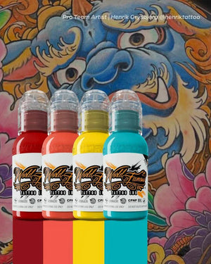 World Famous Japanese Mini Tattoo Ink Set 4 bottles 1oz 29.57ml each red coral yellow and teal tattoo inks shown on Japanese tattoo background for bold traditional Japanese color work COZ Tattoo Supplies