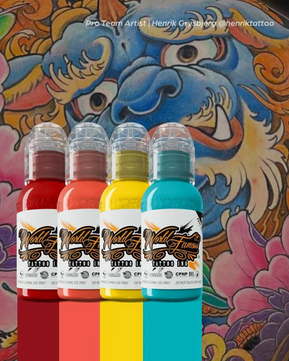 World Famous Japanese Mini Tattoo Ink Set 4 bottles 1oz 29.57ml each red coral yellow and teal tattoo inks shown on Japanese tattoo background for bold traditional Japanese color work COZ Tattoo Supplies