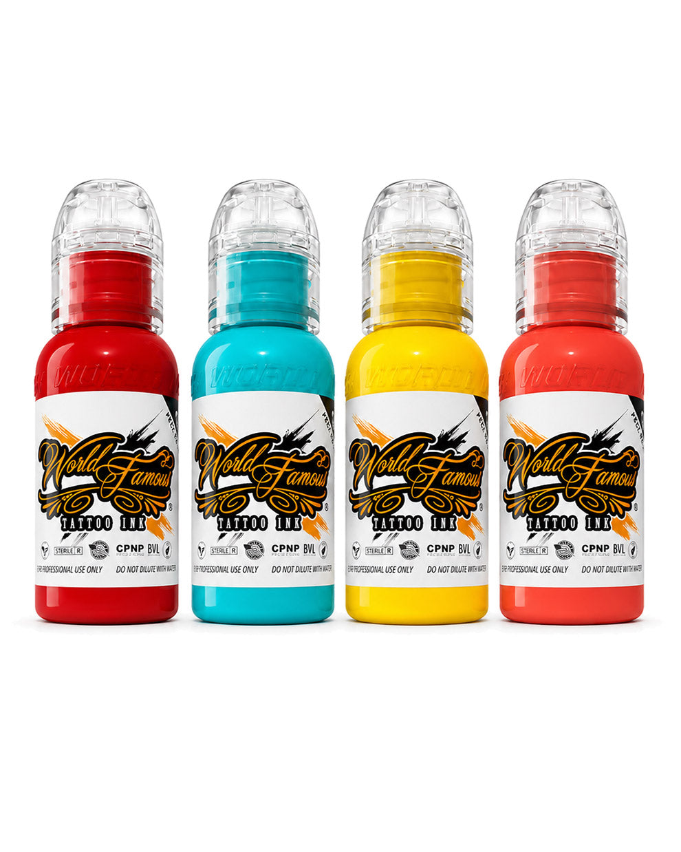 World Famous Japanese Mini Tattoo Ink Set 4 bottles 1oz 29.57ml each red teal yellow and coral tattoo inks on clean white background for bold Japanese style color work COZ Tattoo Supplies