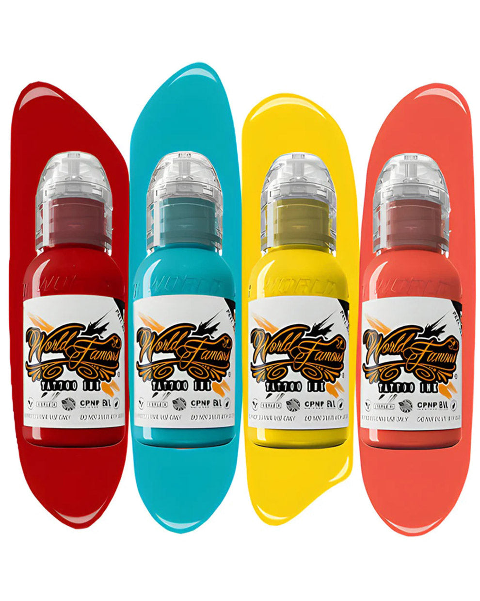 World Famous Japanese Mini Tattoo Ink Set 4 bottles 1oz 29.57ml each with red teal yellow and coral color splash background vibrant tattoo inks for Japanese style designs COZ Tattoo Supplies