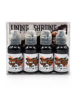 A 4-pack of Lining  and Shading World  Famous tattoo ink bottles in black, packaged in a clear plastic sleeve with a branded backing card. Colors included Outlining, Dark Greywash,Mid-Tone Greywash,Charcoal Greywash. Each bottle is 1 fl oz(30 ml)