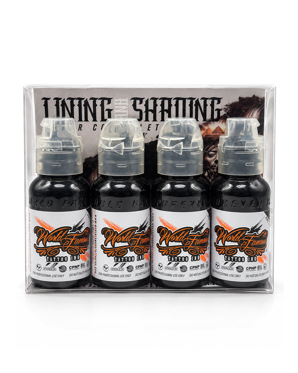 A 4-pack of Lining  and Shading World  Famous tattoo ink bottles in black, packaged in a clear plastic sleeve with a branded backing card. Colors included Outlining, Dark Greywash,Mid-Tone Greywash,Charcoal Greywash. Each bottle is 1 fl oz(30 ml)
