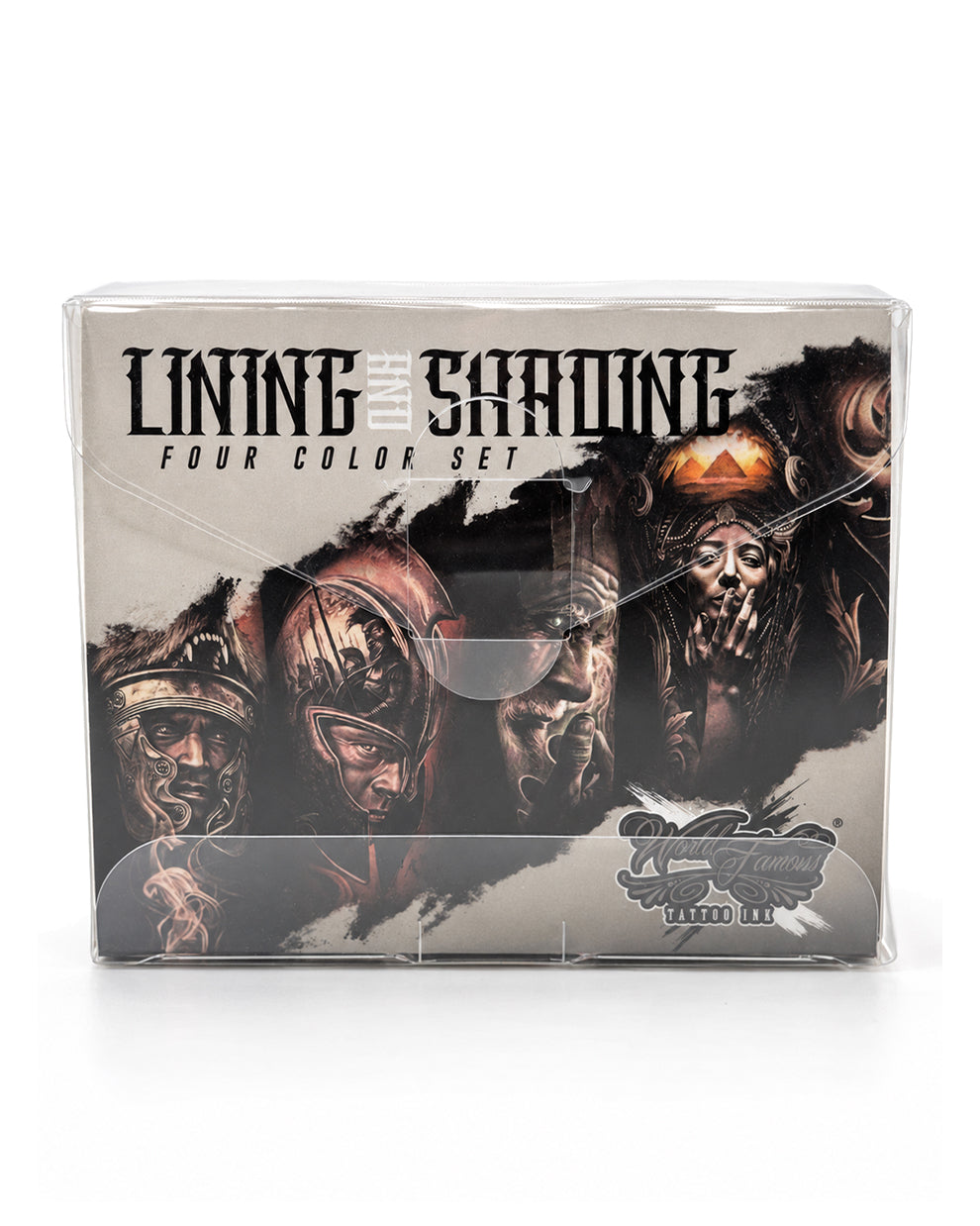 World Famous boxed art set titled 'Lining the Shading' with 'Four Color Set' printed on the front, shown in clear plastic packaging against a white background. The box features dark illustrated faces and dramatic shading artwork.