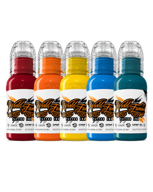 World Famous Neo-Traditional Mini Tattoo Ink Set 5 bottles 1oz each clean background vibrant tattoo inks for bold color packing smooth blends and neo traditional tattoo styles COZ Tattoo Supplies