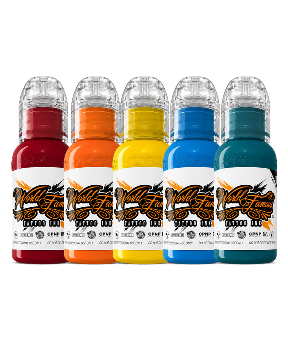 World Famous Neo-Traditional Mini Tattoo Ink Set 5 bottles 1oz each clean background vibrant tattoo inks for bold color packing smooth blends and neo traditional tattoo styles COZ Tattoo Supplies