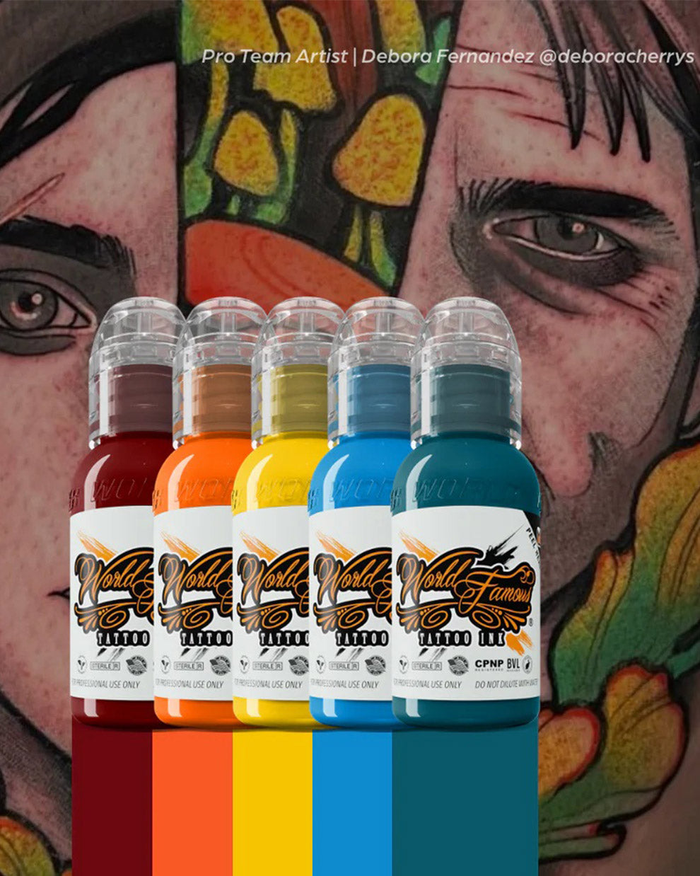 World Famous Neo-Traditional Mini Tattoo Ink Set 5 bottles 1oz each vibrant red orange yellow blue and teal inks shown on tattoo background for bold neo traditional color work COZ Tattoo Supplies