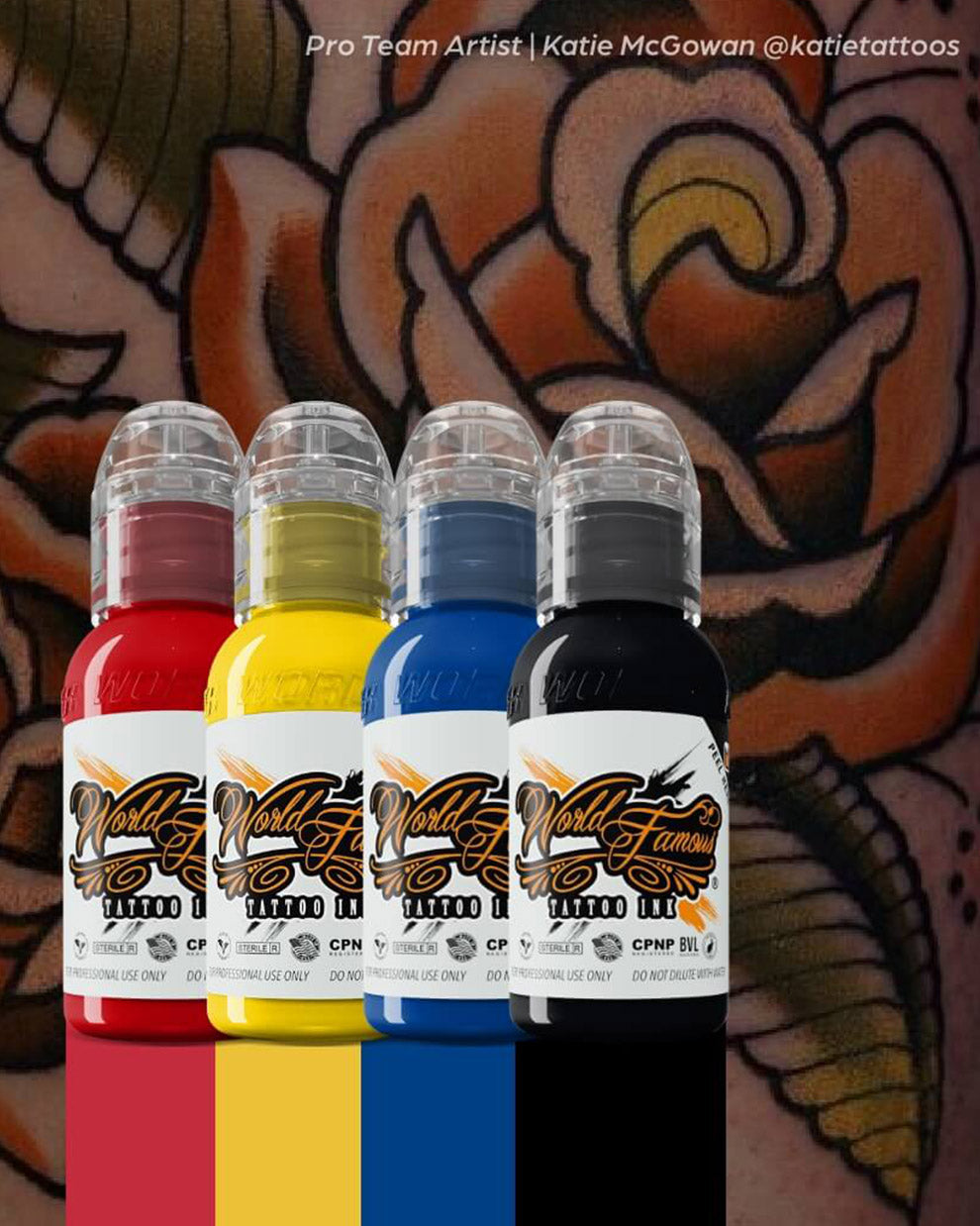 World Famous Traditional Mini Tattoo Ink Set 4 bottles 1oz each red yellow blue black shown on traditional tattoo background bold color inks for classic tattoo styles COZ Tattoo Supplies