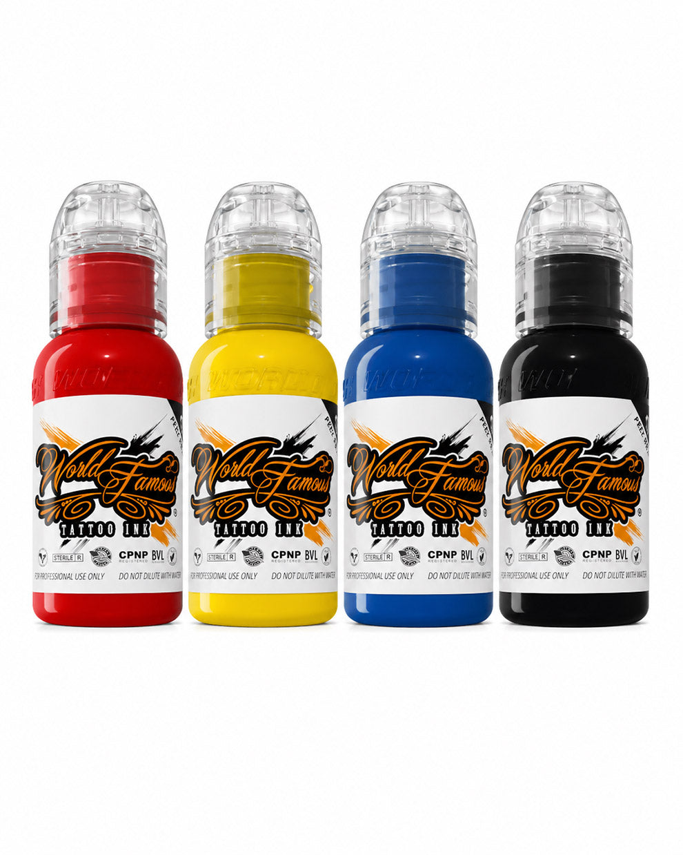 World Famous Traditional Mini Tattoo Ink Set 4 bottles 1oz each red yellow blue black clean white background professional tattoo ink set for lining and color packing COZ Tattoo Supplies